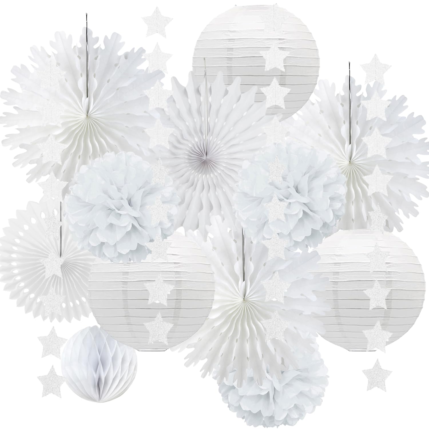 White Paper Christmas Snowflake Decorations White Tissue Paper Pom Poms Flowers Paper Honeycomb Balls Lanterns Star Garland for Winter Christmas