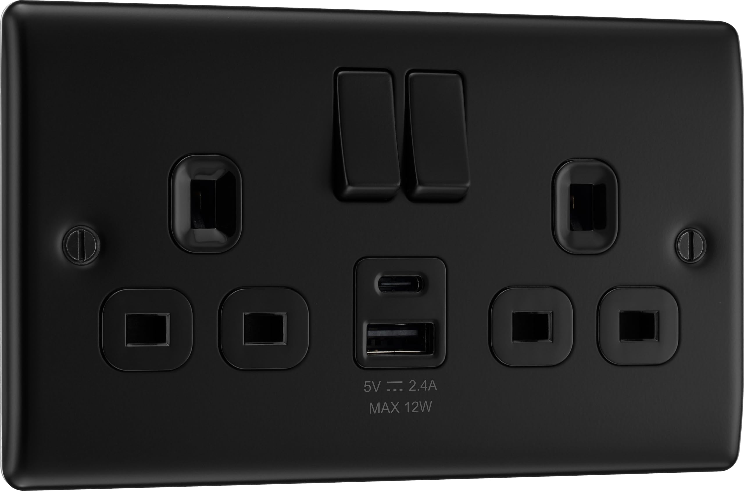 BG Electrical 12W Double Switched Power Wall Plug Socket with Type A and Type C USB Charging Ports, Nexus Metal, Matt Black, 13A, NFB22UAC12B