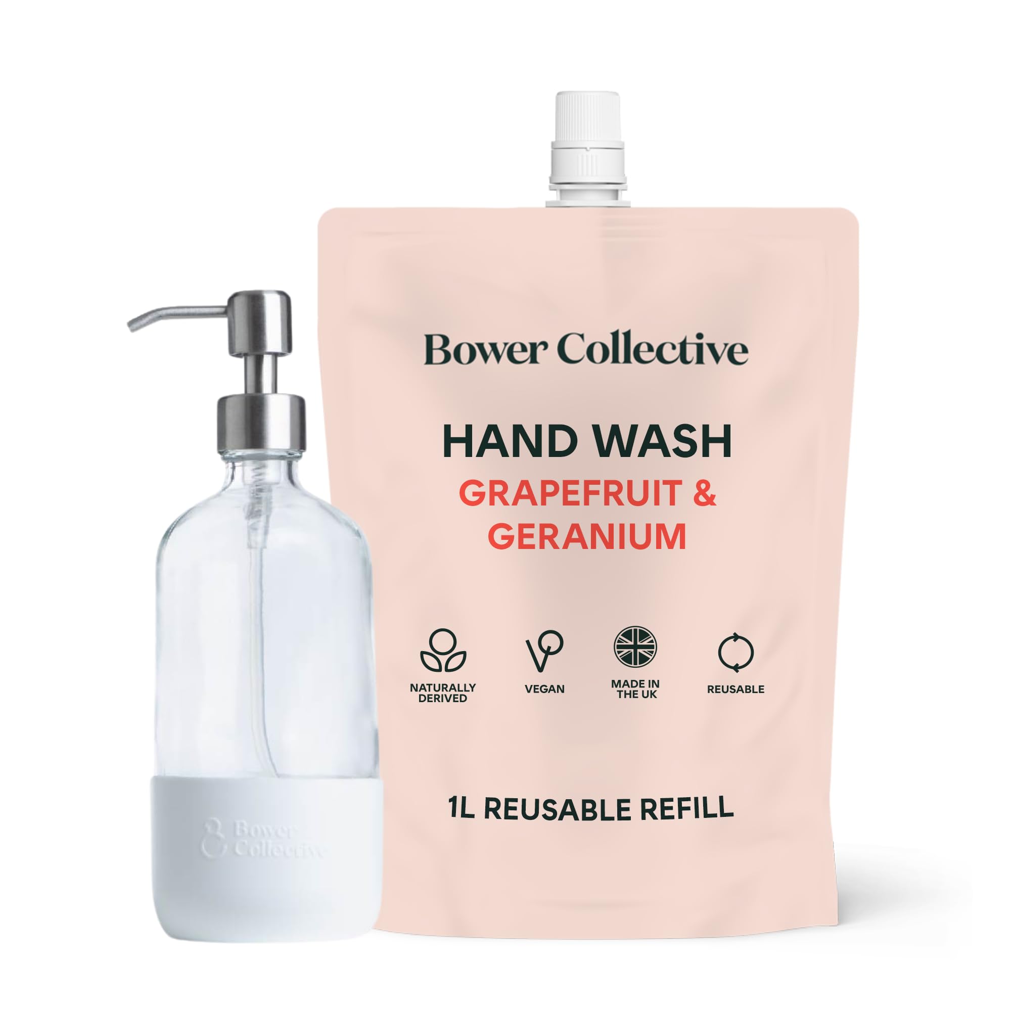 Bower Collective Natural Antibacterial Liquid Hand Soap with Glass Dispenser, Geranium & Grapefruit Handwash Refill, Eco-Friendly Soap, 1 Litre, 300+