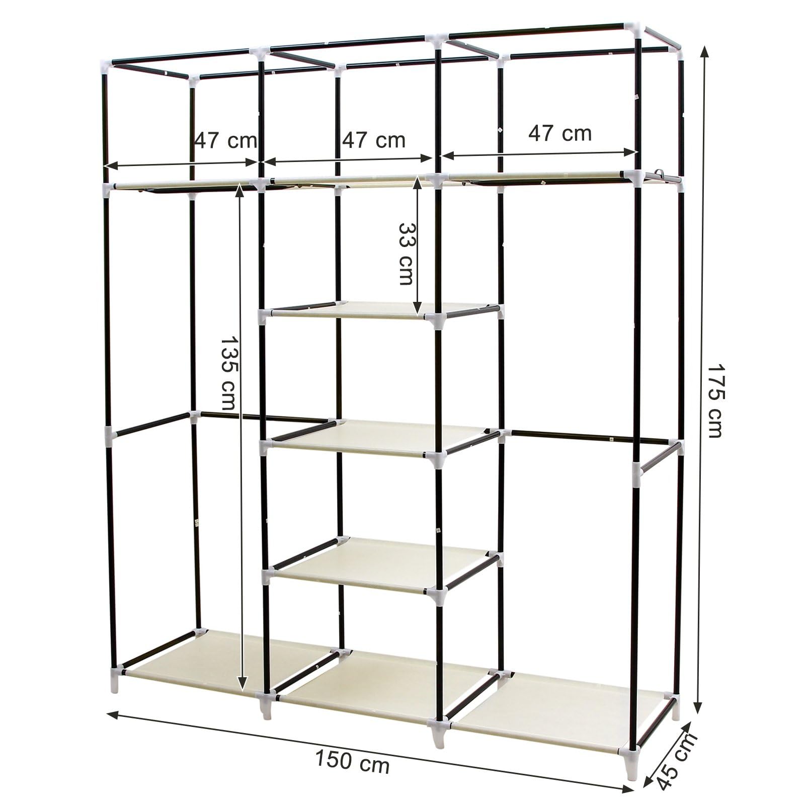 Songmics Folding Wardrobe, Fabric Closet, Foldable Wardrobe with 2 Clothes Rails, 175 x 150 x 45 cm, Beige RYG12M