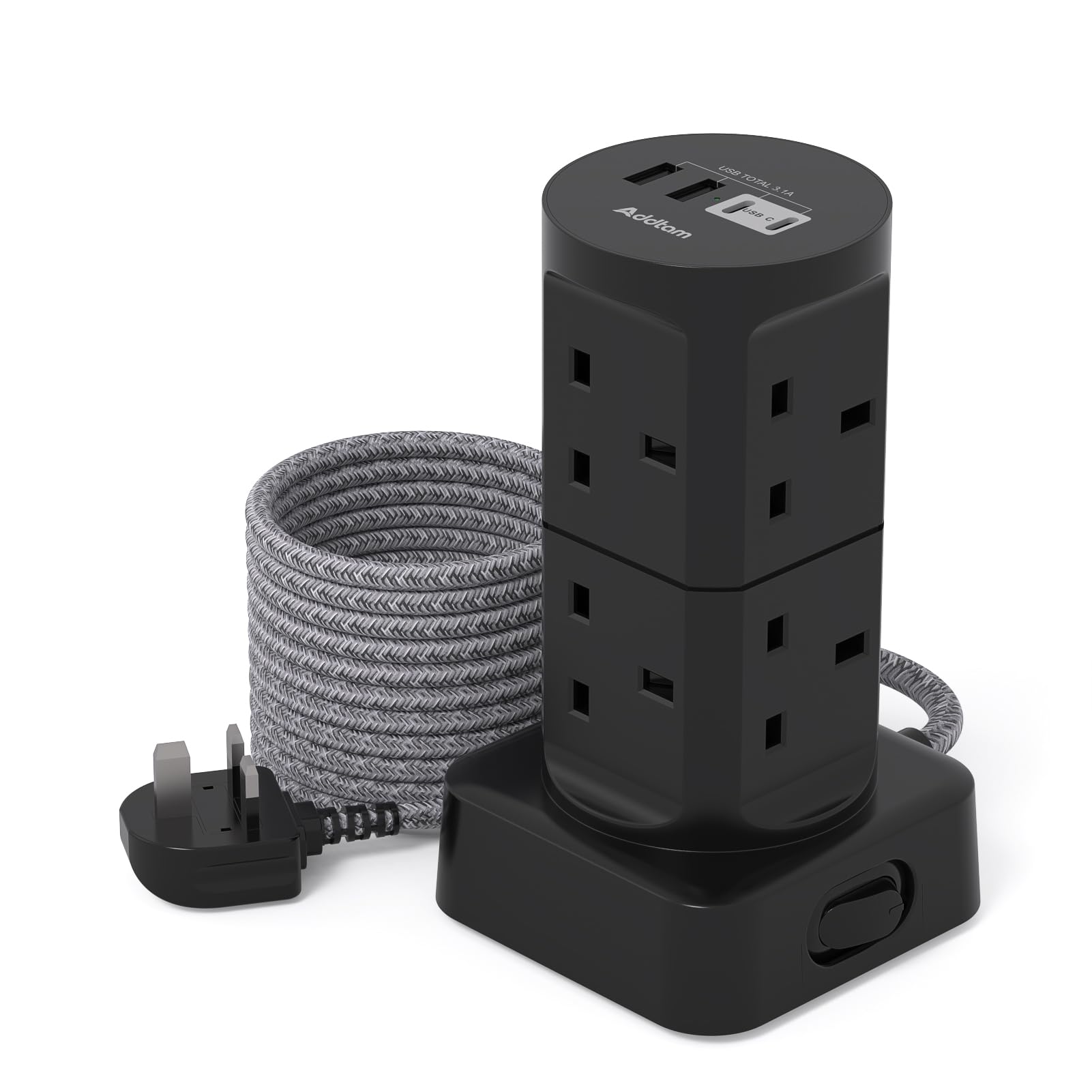 Tower Extension Lead with USB Slots, (13A 3250W), 8 Way Multi Plug Extension Tower & 4 USB Ports (2 Type C), 3M Extension Cable, Extension Lead tower