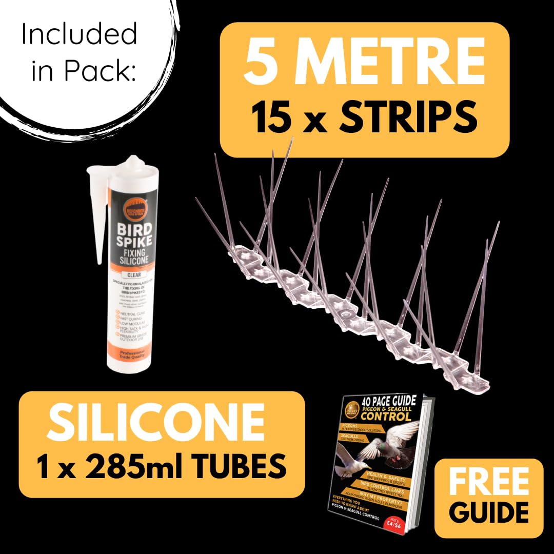 Defender Bird Spikes | Wide Plastic Pigeon Deterrent | 5 Metres with Defender Fixing Silicone.