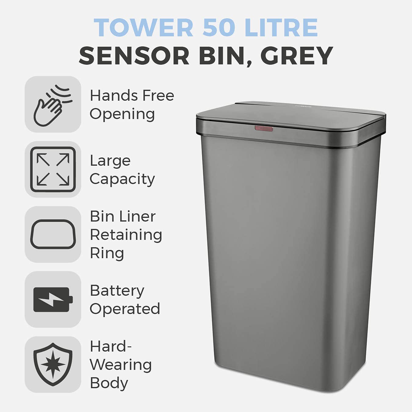 Tower T838005G Sensor Bin with Retainer Ring, Battery-Operated, 50L, Grey