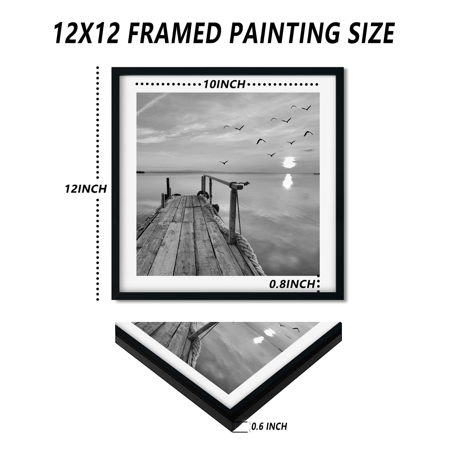 Black And White Wall Art - Sea And Beach In Sunrise Prints Wooden Framed 12x12 Inches Pictures Seascape Artwork 4PCS Boat Scenery Card Paper Paintings