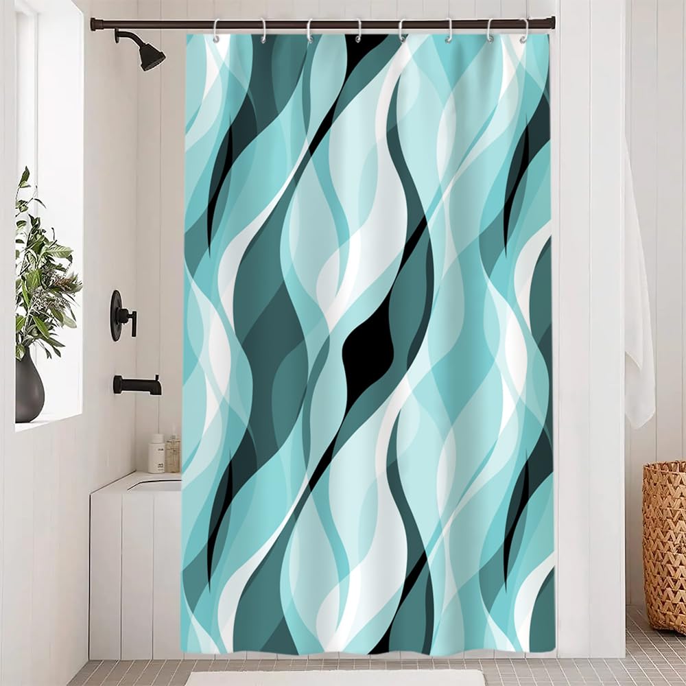 Uiiooazy Turquoise Blue Shower Curtain, Abstract Striped Geometric Lines Bath Curtain Anti-Mould Waterproof Polyester Fabric Bathroom Curtain with 8