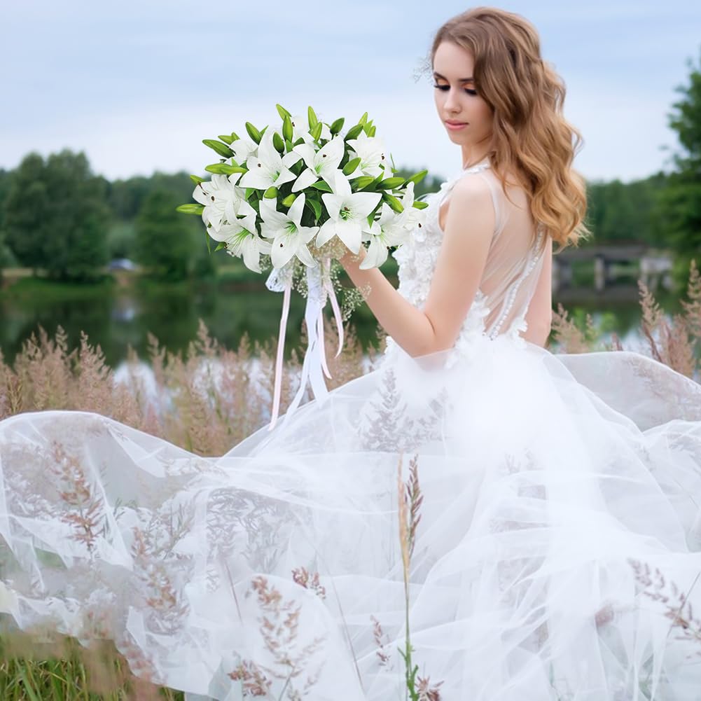 Olrla 20pcs White Artificial Lily Flowers, Real Touch Tiger Lily Easter Lily Fake Spring Flowers for Wedding Home Office Easter Decoration