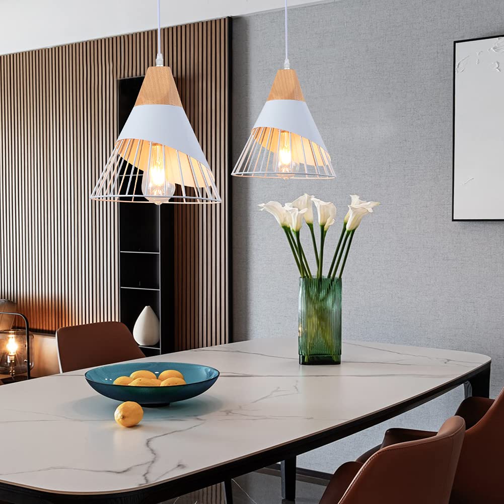 WOWEWA White Modern Pendant Light Over Kitchen Island,Adjustable Wood Hanging Light Fixture,E27 Industrial Pendant Lighting for Dining Room,Living