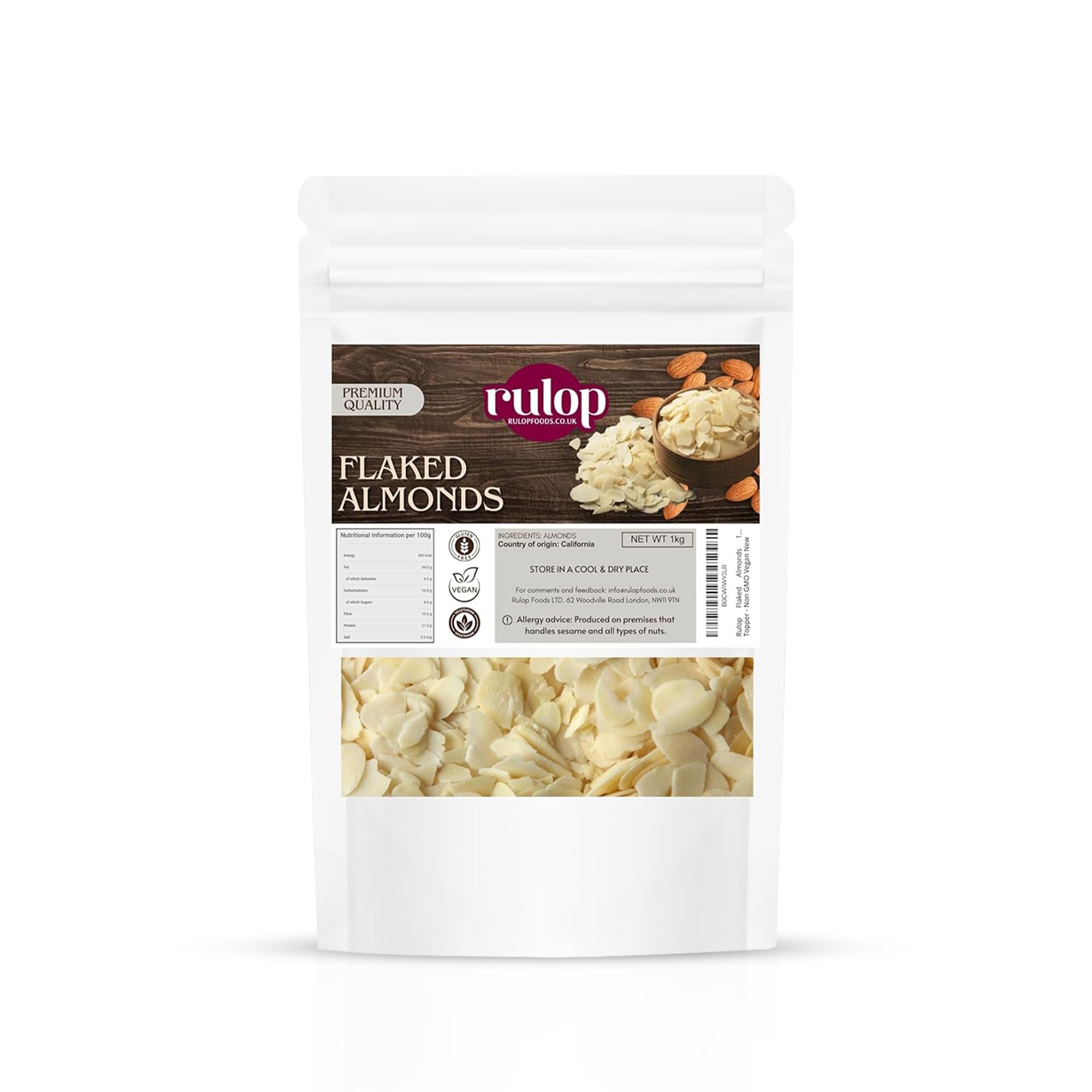 Rulop Flaked Almonds 1kg - 100% Natural Raw Sliced Blanched Almond Flakes 1 kg - Large Bulk Bag Premium Quality Blanch Almond Slices Slice Nut ? Ideal