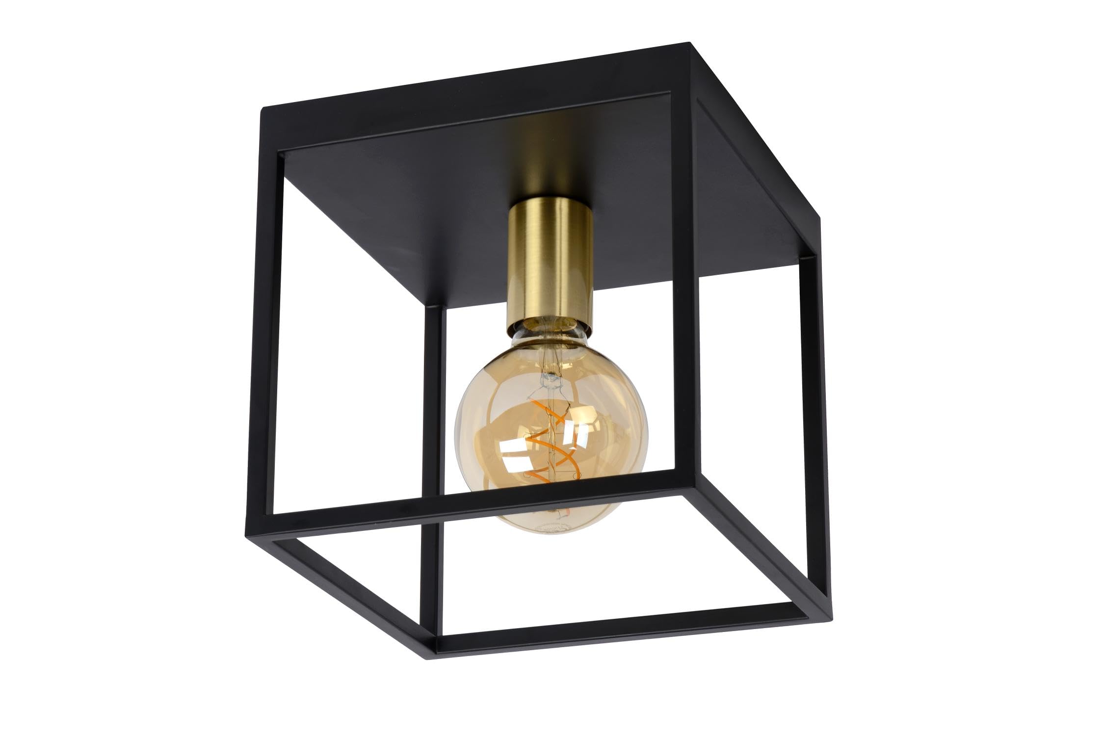 Lucide Flush Ceiling Light, Metal, E27, 40 W, Black, Satin Brass