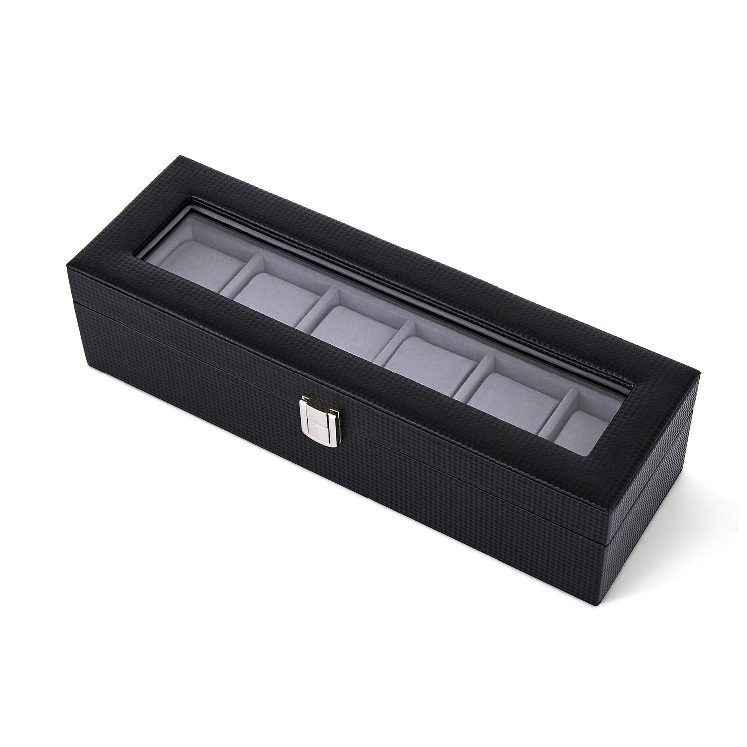 Mondeer Watch Box, Watch Display Organizer, Watch Storage with Glass Lid, Grey Velvet Lining, Lockable with Silver Metal Clasp, 6 Slots,