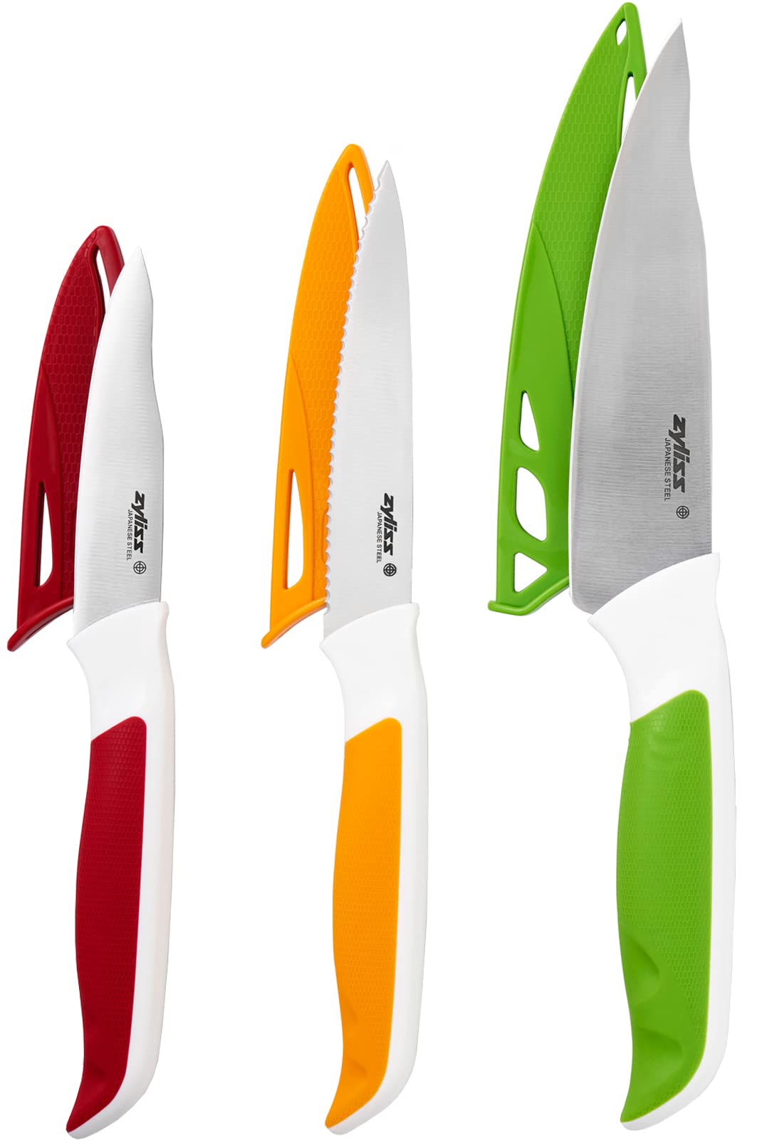 Zyliss E920240 Comfort 3 Piece Knife Set, Multiple Sizes, Japanese Stainless Steel, Multicolour, 3 x Kitchen Knives with Protection Covers, Dishwasher