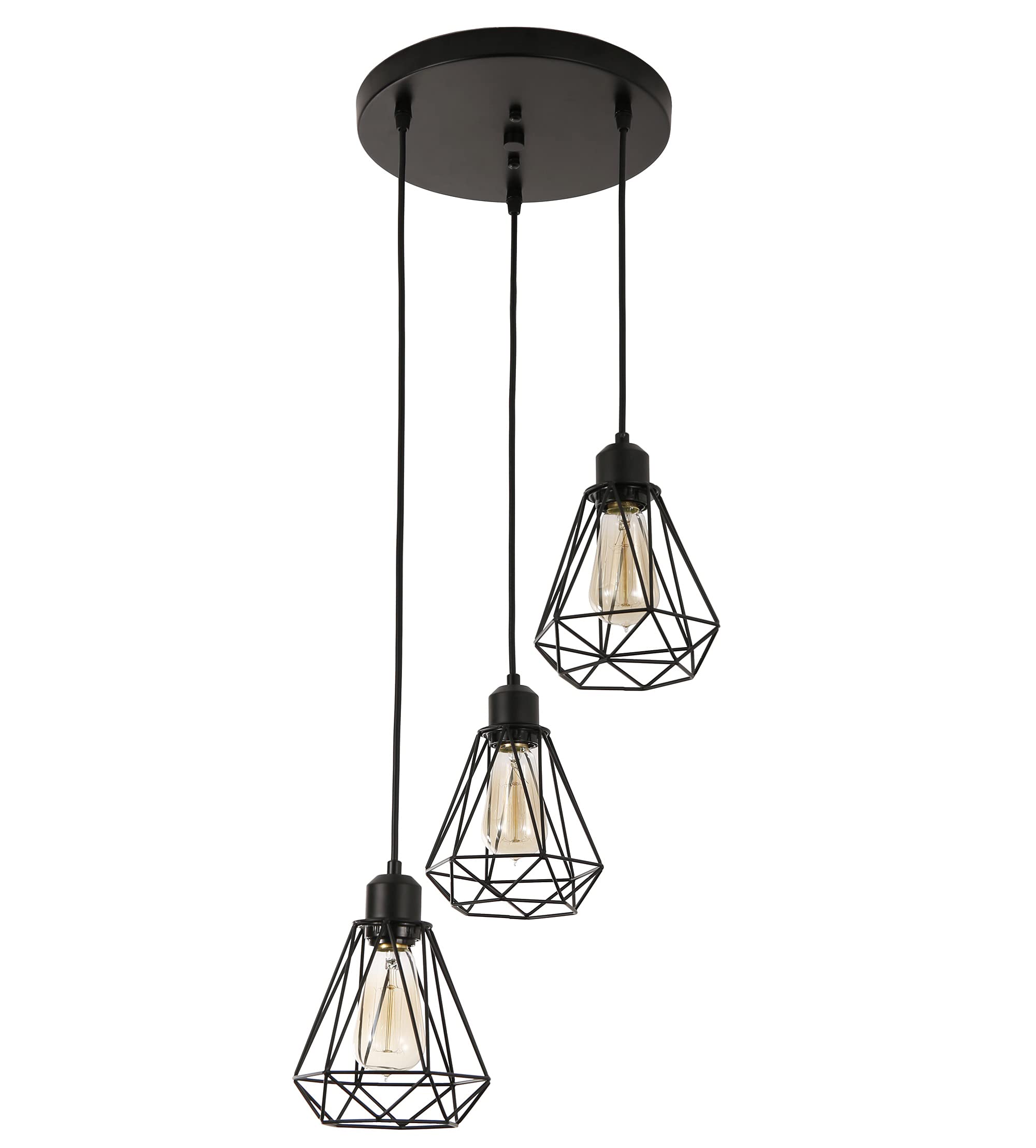 Timi Home Industrial 3-Light Pendant Light, Flush Mount Ceiling Light Fixture with Black Metal Cage Shade, Vintage Hanging Pendant Lighting for