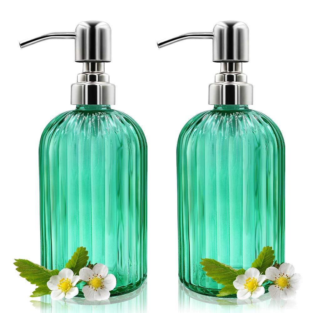 Glass Soap Dispenser - 2 Pack, 14 Oz, Rust Proof Stainless Steel Pump, Refillable Liquid Bottle, Premium Hand Jar Dispenser for Bathroom, Kitchen,