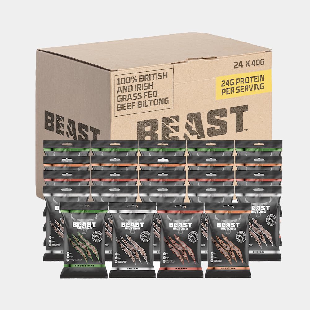 Beast Pharm | Biltong Beef Protein Snacks 24 Pack, 24g Protein per 40g Bag, Meat Keto Snacks Food | 4 Assorted Flavours
