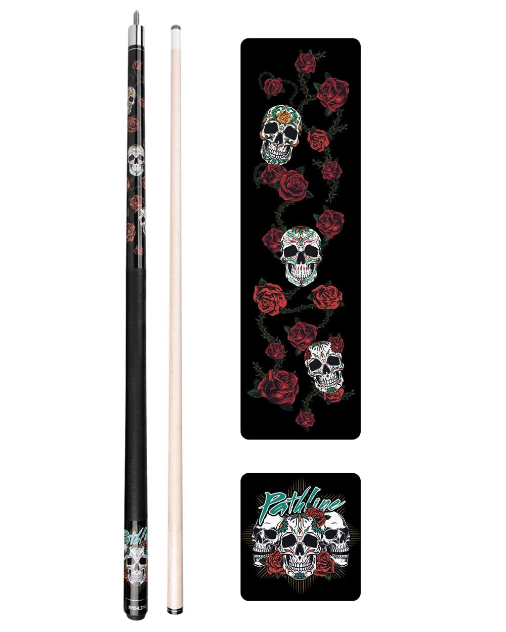 Pathline PL518 Pool Cue Stick - 58" Canadian Maple 13mm Tip Billiard Pool Stick(Black/Skull - 21oz)