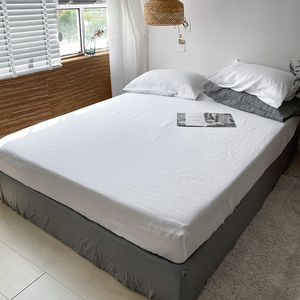Simple&Opulence Fitted Sheet 35cm Deep Pocket-100% Pure Natural Linen Plain Mattress Protector Bed Sheet(White,King 150x200cm)