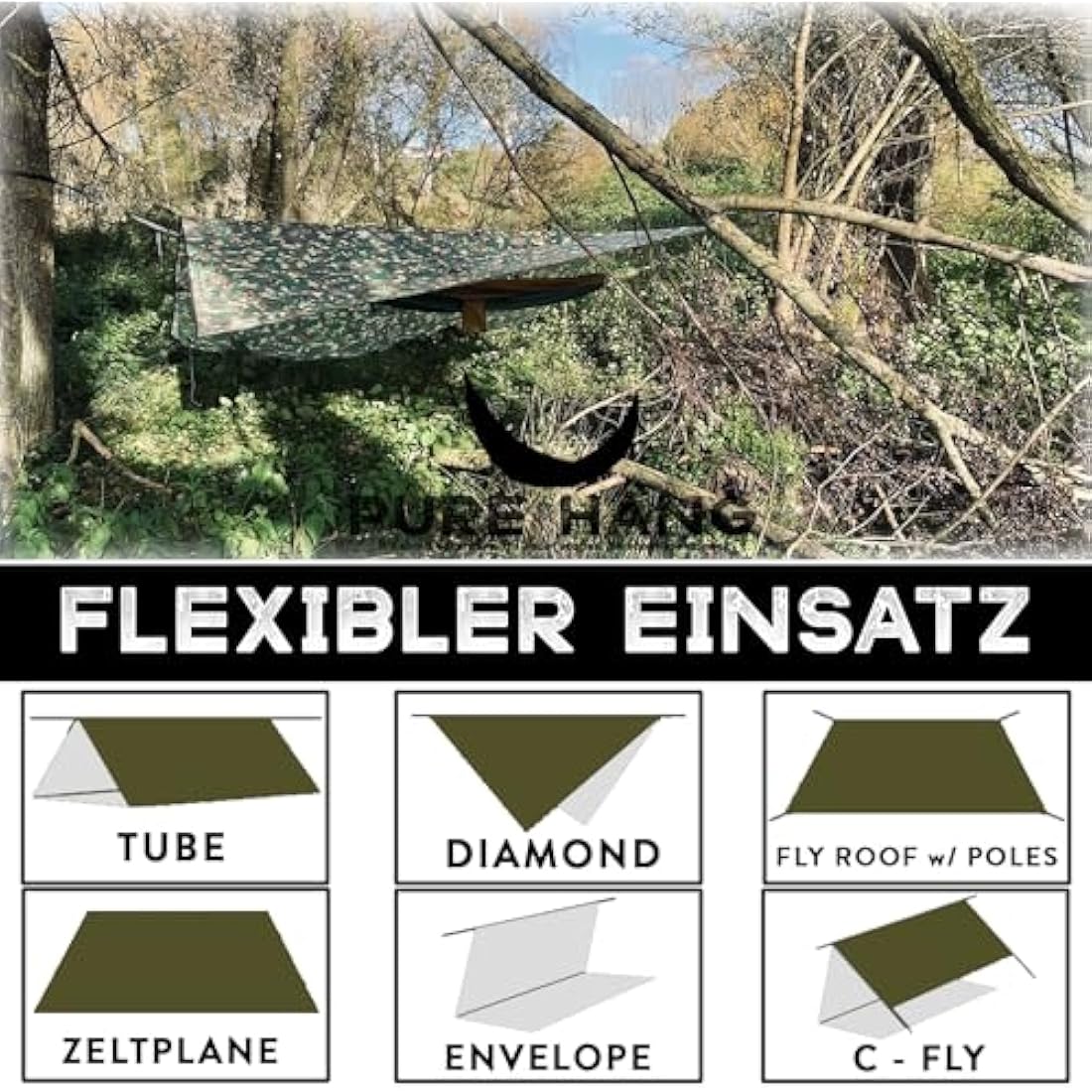 PURE HANG Rain Fly Tent Tarp Hammock 3m x 3m Waterproof Windproof UV Sunshade for Camping Shelter Canopy Camp Gear Outdoor Travel Snow - Lightweight Easy Setup Ripstop Nylon