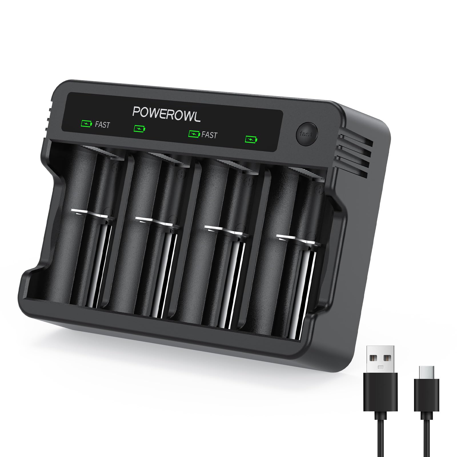POWEROWL AA AAA C D Battery Charger, Universal Battery Charger for Ni-MH Rechargeable Batteries (USB Fast Charging, Input DC 5V 2A, Independent Slot)