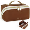 Prite Large Capacity Makeup Bag Portable Travel Cosmetic Bag Waterproof Toiletry Case with Clear Divider and Handle (Dark Brown M)