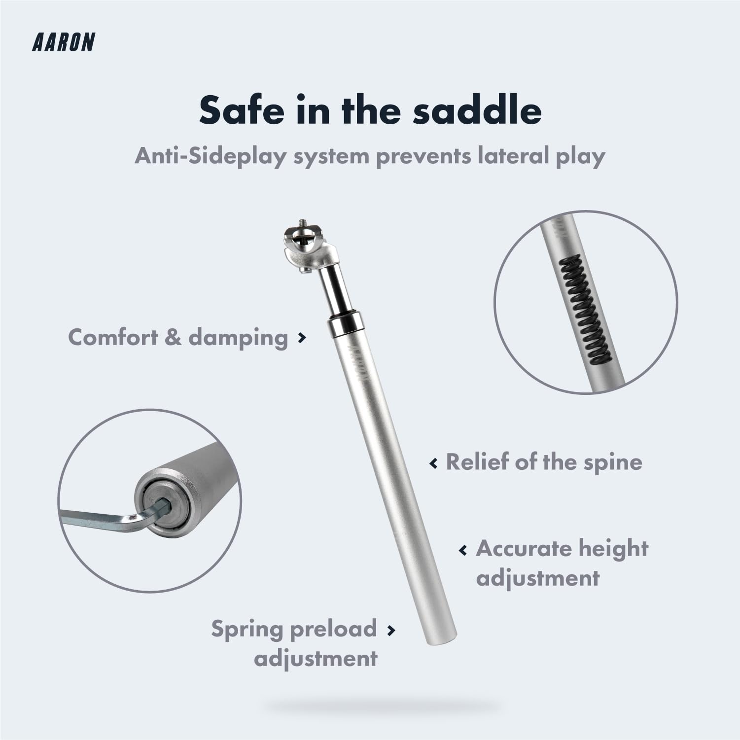 AARON - Spring suspension seatpost - Aluminum - For E-bikes, MTB, Trekking Bikes, City Bikes - 31,6 mm Diameter, 13.8" (350mm) Length - silver