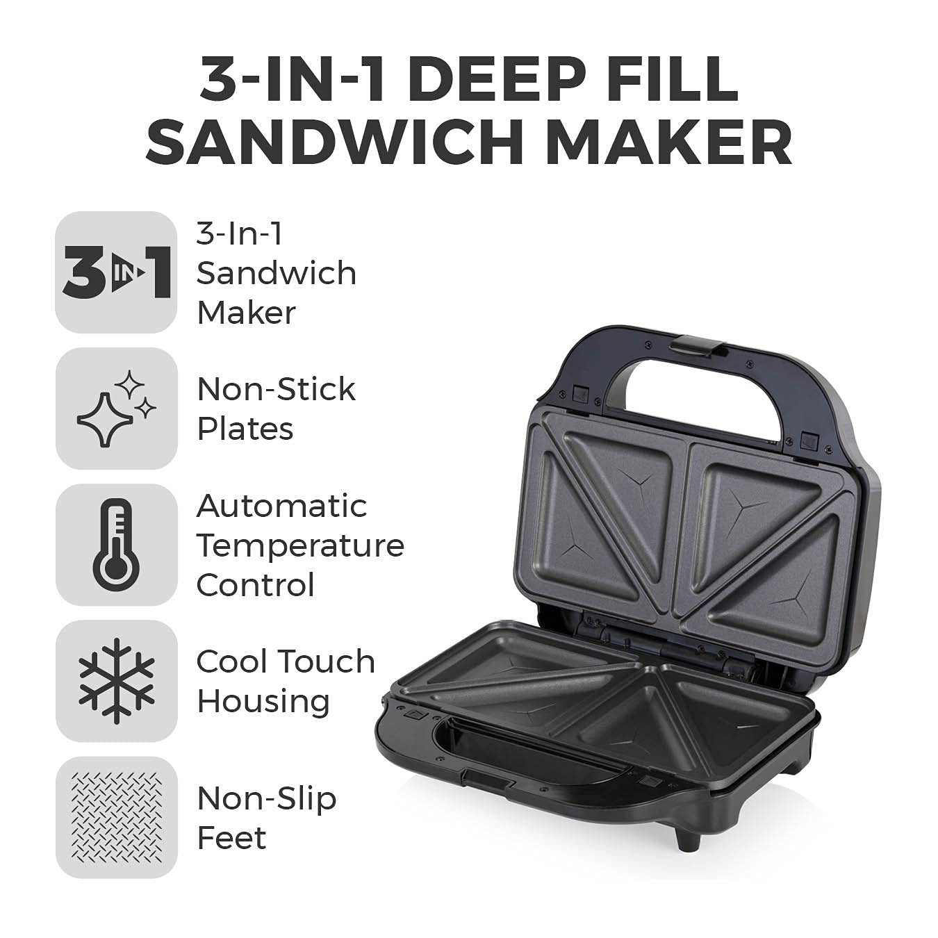 Tower T27020 3-in-1 Deep Fill Sandwich Maker with Interchangeable Waffle Plates, Stainless Steel, Silver/Black