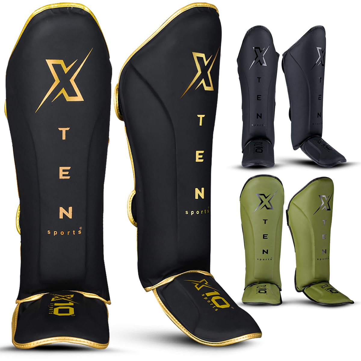 XTEN SPORTS Shin Guards Muay Thai, MMA, Gel Integrated Padding, Training Sparring, Boxing, Kickboxing, BJJ, Taekwondo Protective Gear, Golden, XL
