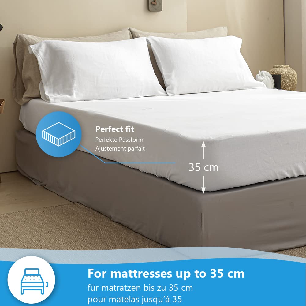 Simple&Opulence Fitted Sheet 35cm Deep Pocket-100% Pure Natural Linen Plain Mattress Protector Bed Sheet(White,King 150x200cm)