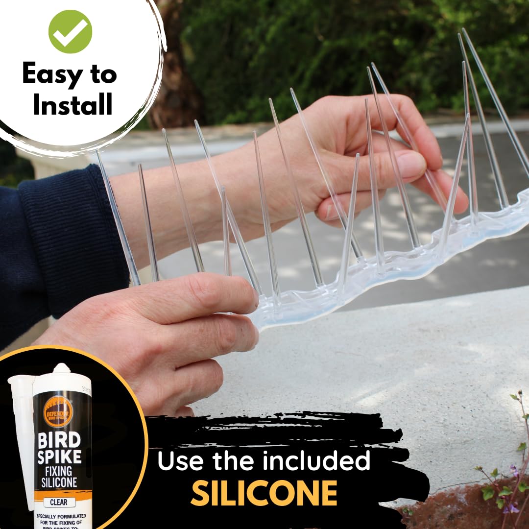 Defender Bird Spikes | Wide Plastic Pigeon Deterrent | 5 Metres with Defender Fixing Silicone.