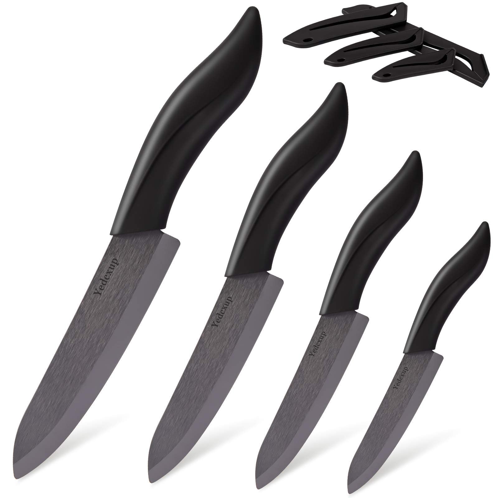 Ceramic Chef's Knife Set - Professional Sharp Knives With Cover, Includes 3" Paring knife, 4" Fruit Knife, 5" Utility knife, 6" Chef's Knife (Black)
