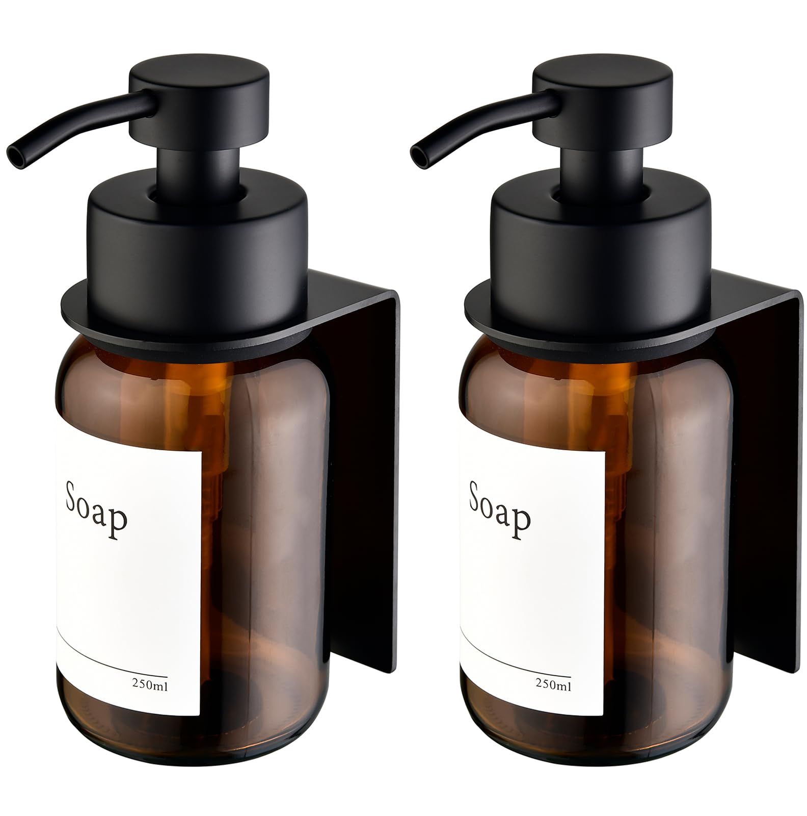 2 Pack Glass Soap Dispenser with Wall Mount, Self-Adhesive, Stainless Steel Pump Dispenser for Liquid Soap, No Drilling Required, 250ml (Amber/Black)