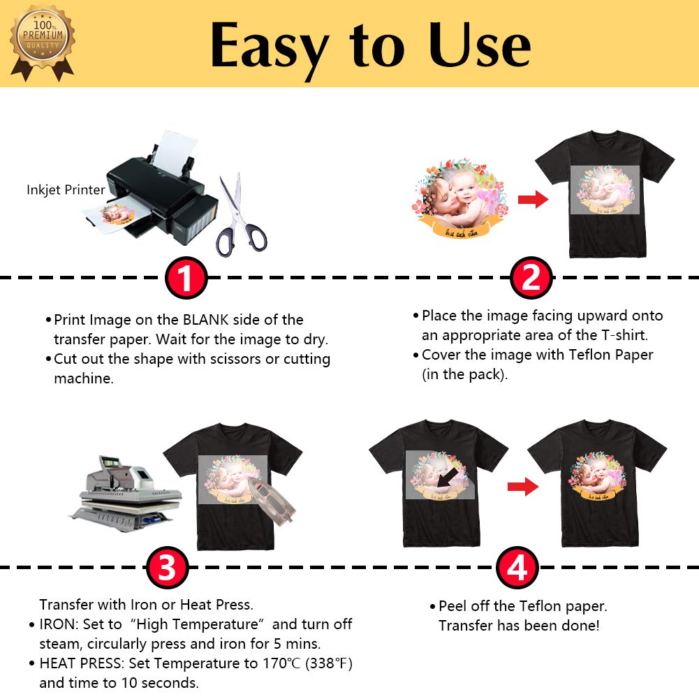 TransOurDream Tru-Transfer Paper -100 Sheets A4 Inkjet Iron On Transfer Paper Heat Transfer Vinyl for Dark T Shirts Fabrics.NO Peeling!NO
