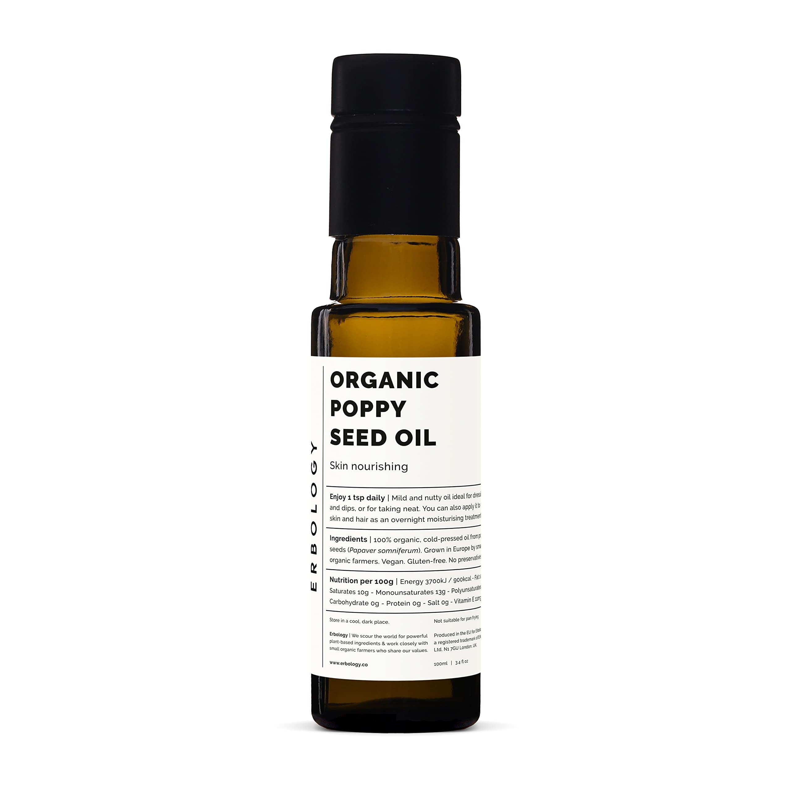 Erbology Organic Poppy Seed Oil 100ml - Cold-Pressed - Calming and Nourishing the Skin - Antioxidant - High in Vitamin E - Straight from Farm -