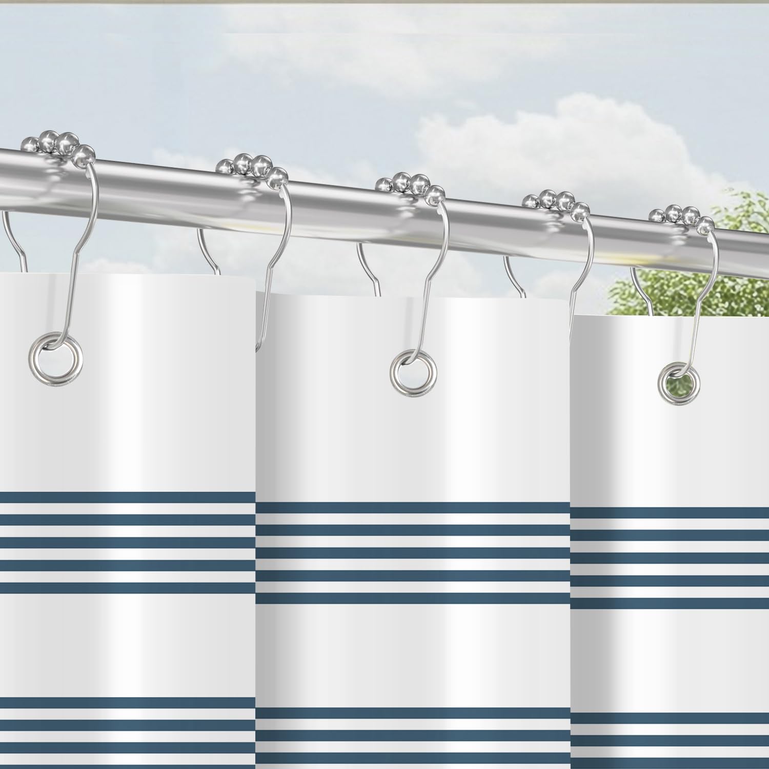 Lerores Shower Curtain, 180 x 200 cm, Blue Striped Design, Weighted Hem, Anti-Mould Textile, Water-Repellent, Washable Polyester Bath Curtains with