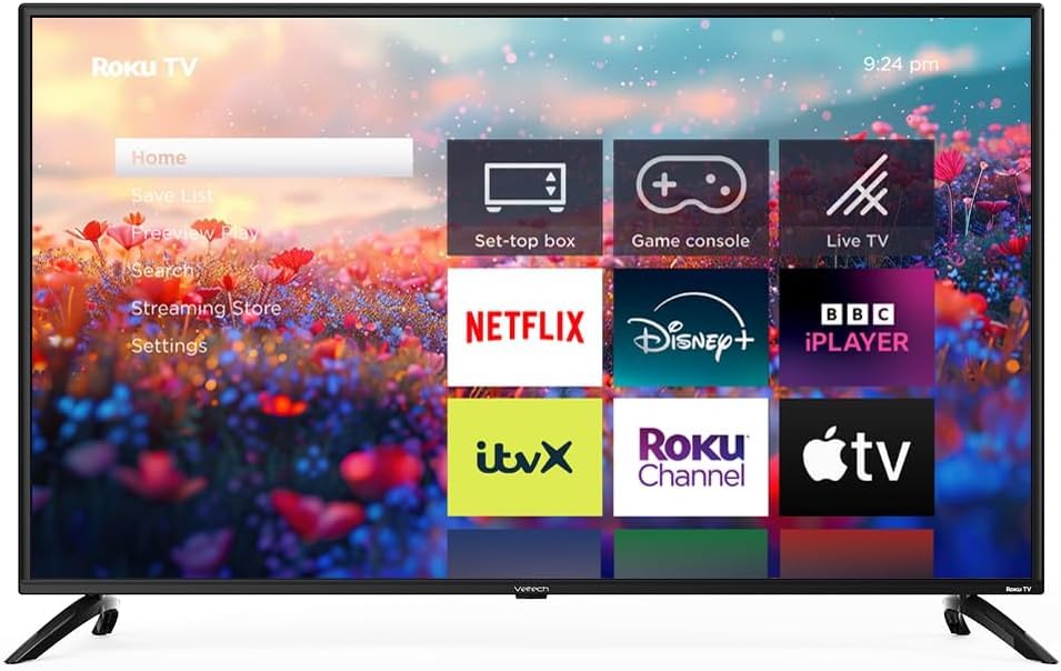 VELTECH 32 Inch Smart Roku TV -Bezel Light Design, LED HD, Freeview, Netflix, Apple TV+, BBC iPlayer, Dolby Audio, Triple HDMI, HDR 10 - Ideal Small