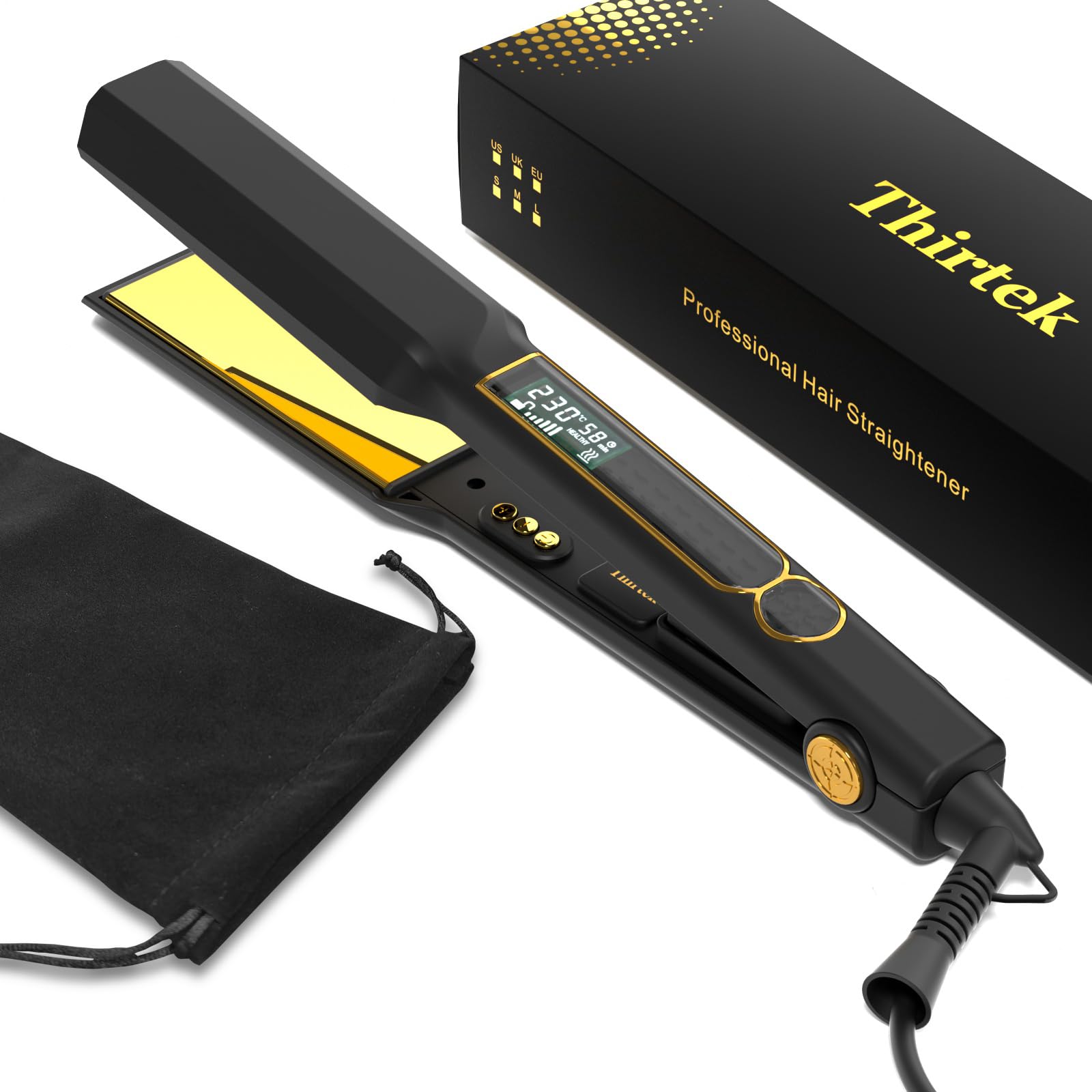 Thirtek Wide Hair Straightener for Women, 3D Ionic Ceremic Plates for Smooth Shiny Finish, 25s Fast Heat Up 80? to 230? with LCD Display (38mm-Black)