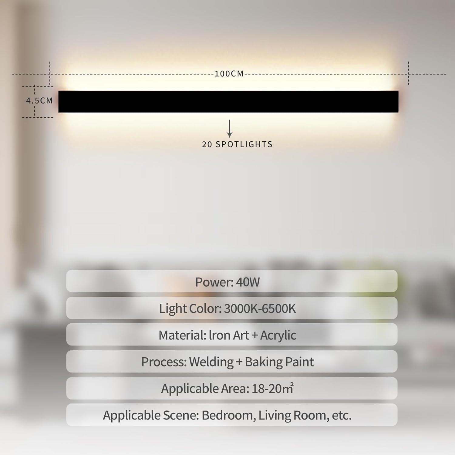 LED Wall Light Long Strip Dimmable 3000 6500K App Remote Control 100cm SUCIKORIO