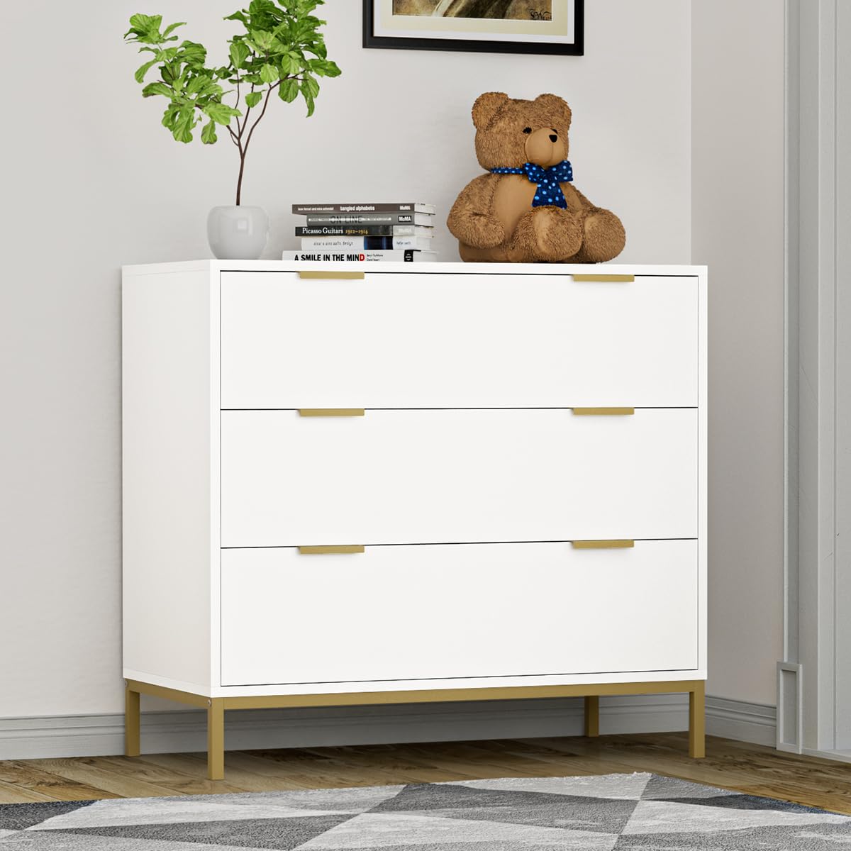 Yvsevnr 3 Drawer Chest of Drawers White Modern Wooden Bedside Storage Cabinet Unit Large Nightstand with Spacious Storage Clothes Organiser for Living