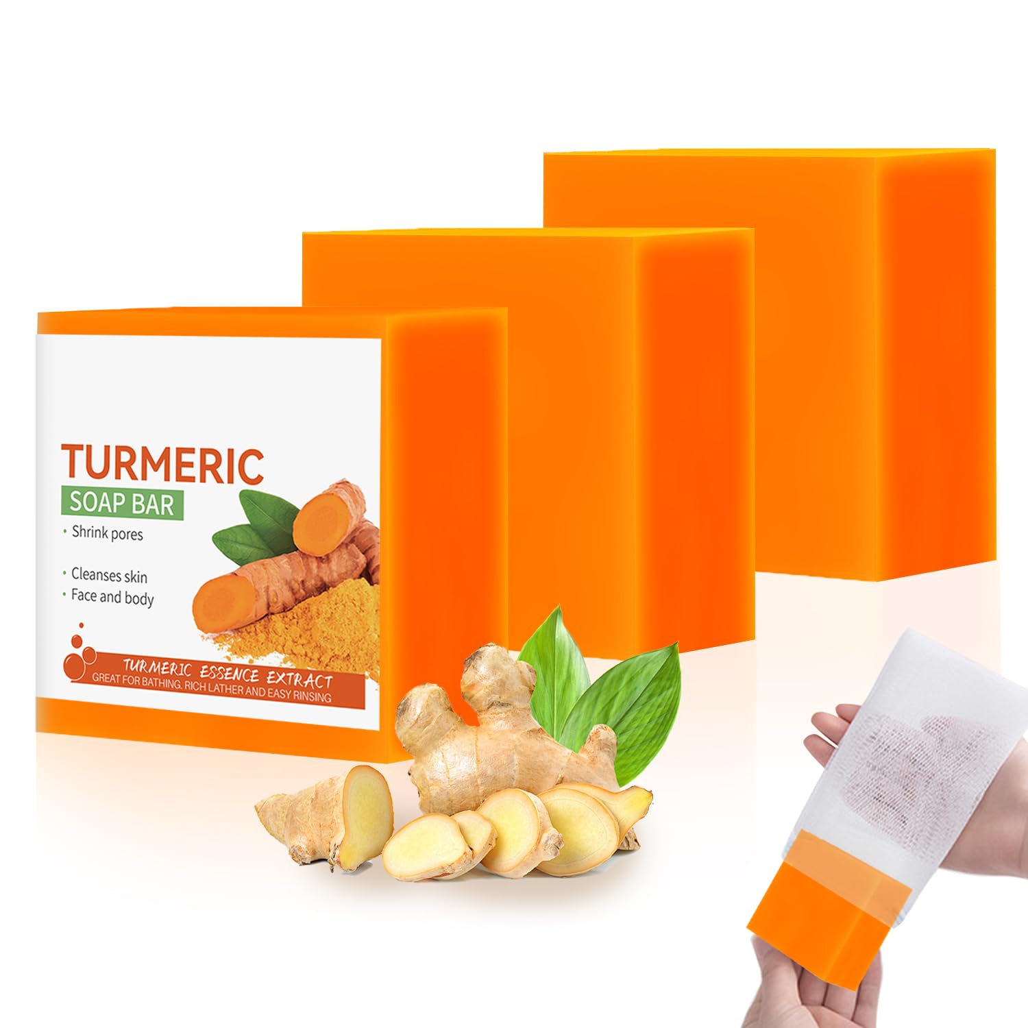 GCVSE 3 Box Turmeric Soap, 100% Nature Turmeric Handmade Soap Bar for Face & Body, Pores Shrink, Deep Cleaning, Moisturizing, Skin Brightening for