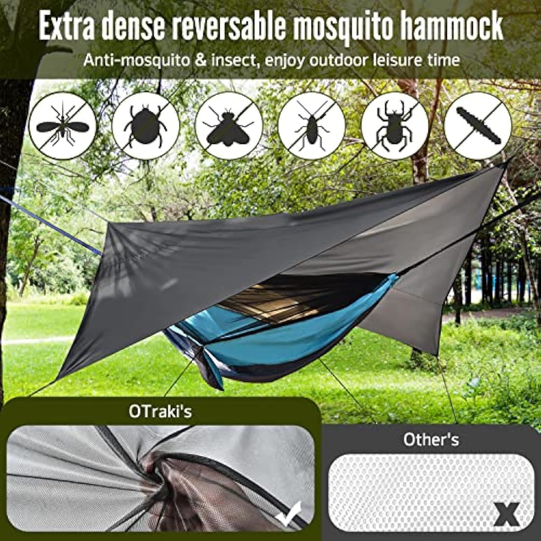 OTraki Camping Hammock with Mosquito Net and Rain Fly Tarp Single Nylon Portable Travel Hammock with Tree Straps 200kg Load Capacity Outdoor Hammock for Hiking Backpacking Garden (Blue Grey)