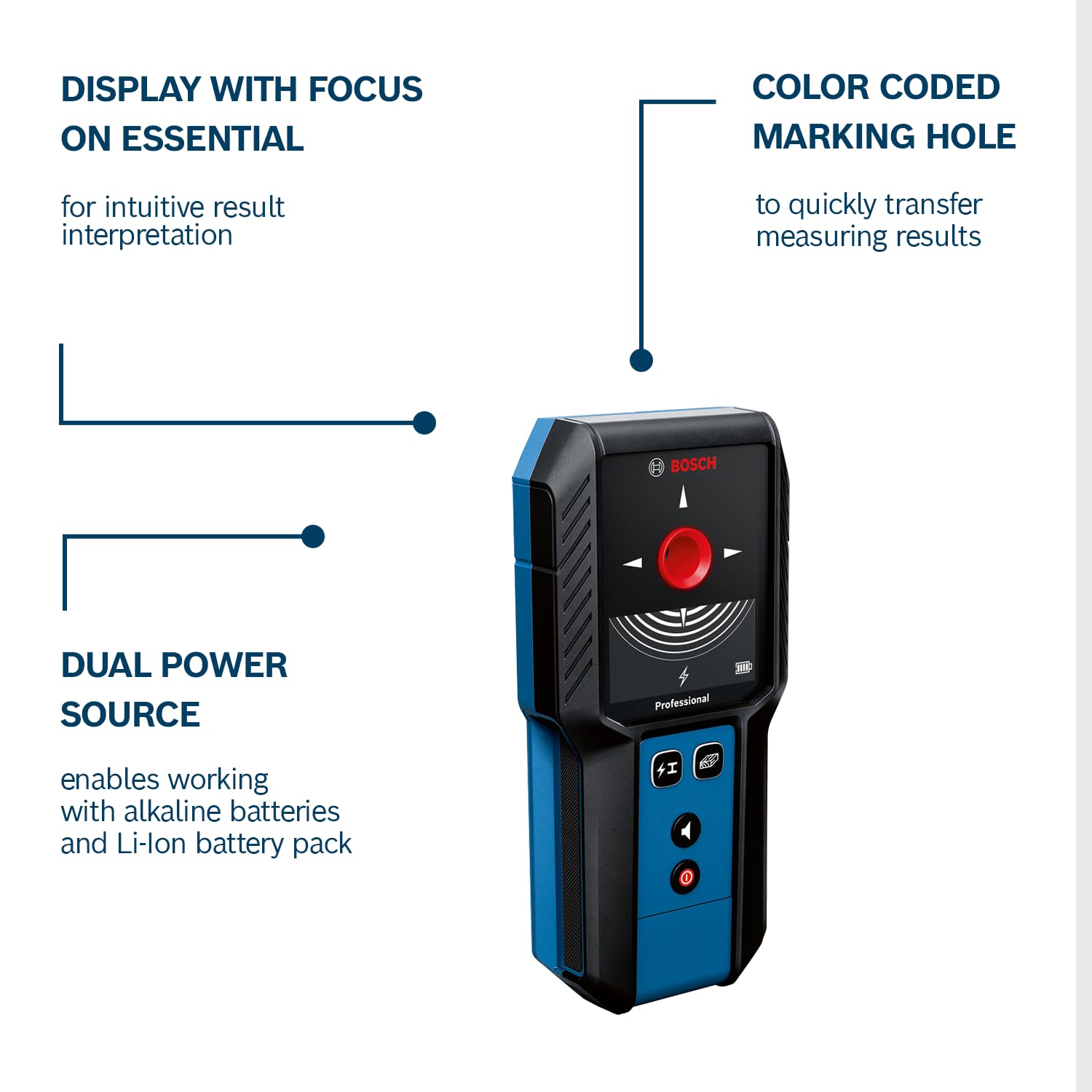 Bosch Professional Wall Scanner GMS 120-27 (2xAA Batteries, max. Detection Depth Non-Magnetic Metal/Magnetic Metal/Live-Wire/Wood: 120/100/50/30 mm,