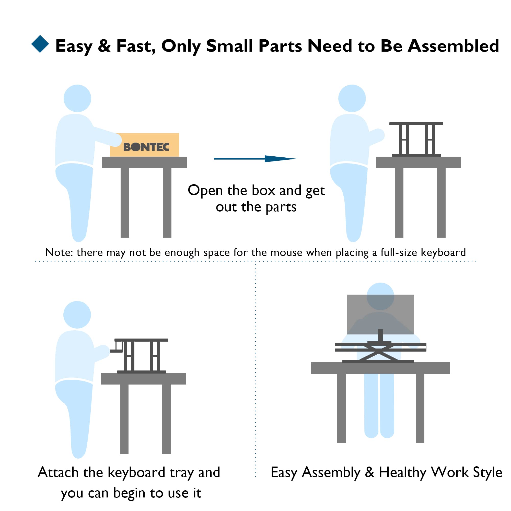 BONTEC Standing Desk Converter, 55cm Height Adjustable Standing Desk Riser with Keyboard Tray Deep Sit-Stand Desk for Laptop, Monitor Up to 15kg