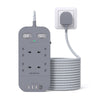 Gray Extension Lead with 4 USB Slots, HANYCONY 3M Extension Cable, 4 Outlets Power Strip with 1800J Surge Protection, Double Switch Plug Extension