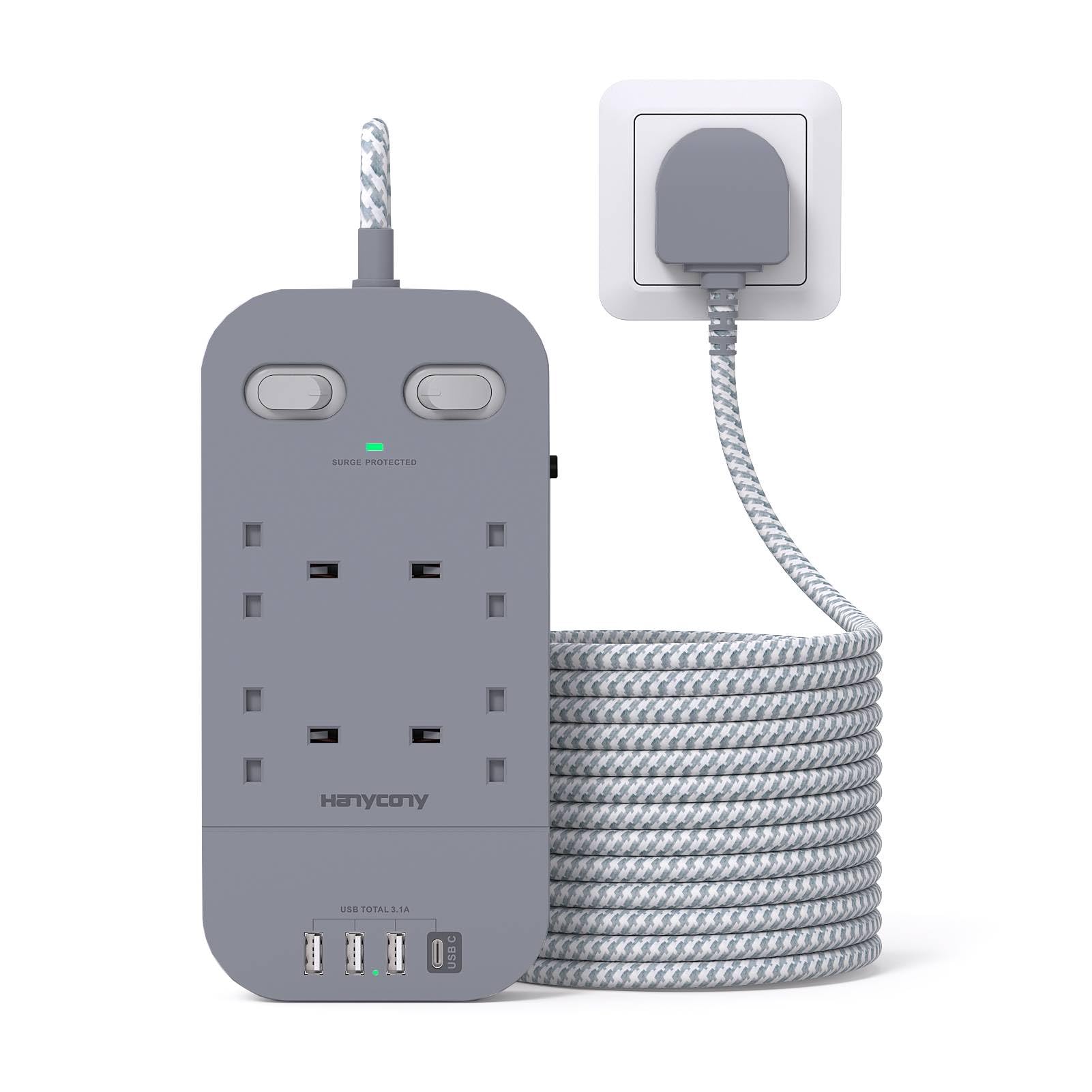 Gray Extension Lead with 4 USB Slots, HANYCONY 3M Extension Cable, 4 Outlets Power Strip with 1800J Surge Protection, Double Switch Plug Extension