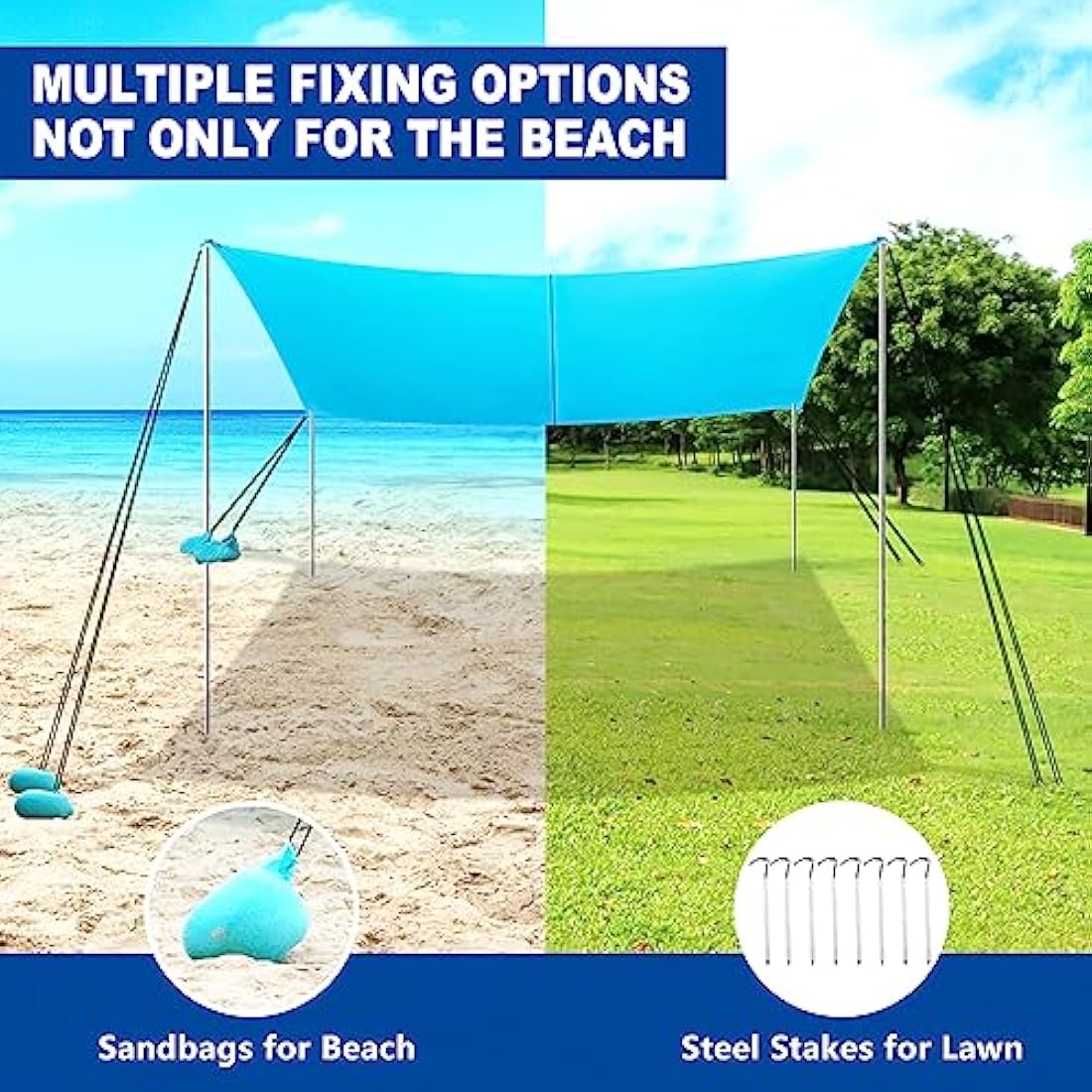 Beach Tent For UV Protection UPF50+, Portable Beach Awning Family Sun Protection With 4 Poles 3mx3m, Sun Tent for Beach Camping Garden Terrace Balcony