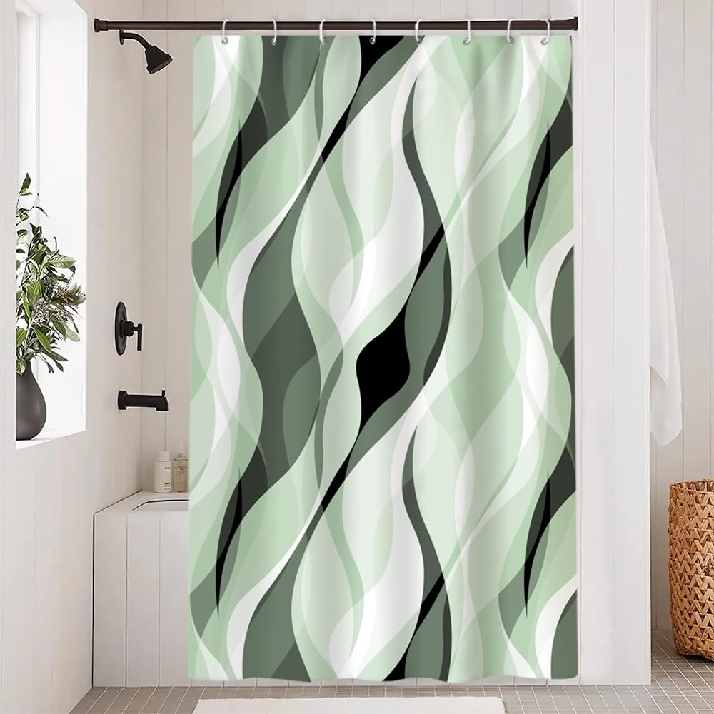 Uiiooazy Shower Curtain, Green, Shower Curtain, 120 x 180 cm, Anti-Mould, Sage Green, Gradient Stripes, Lines, Patterned Shower Curtain, Fabric,