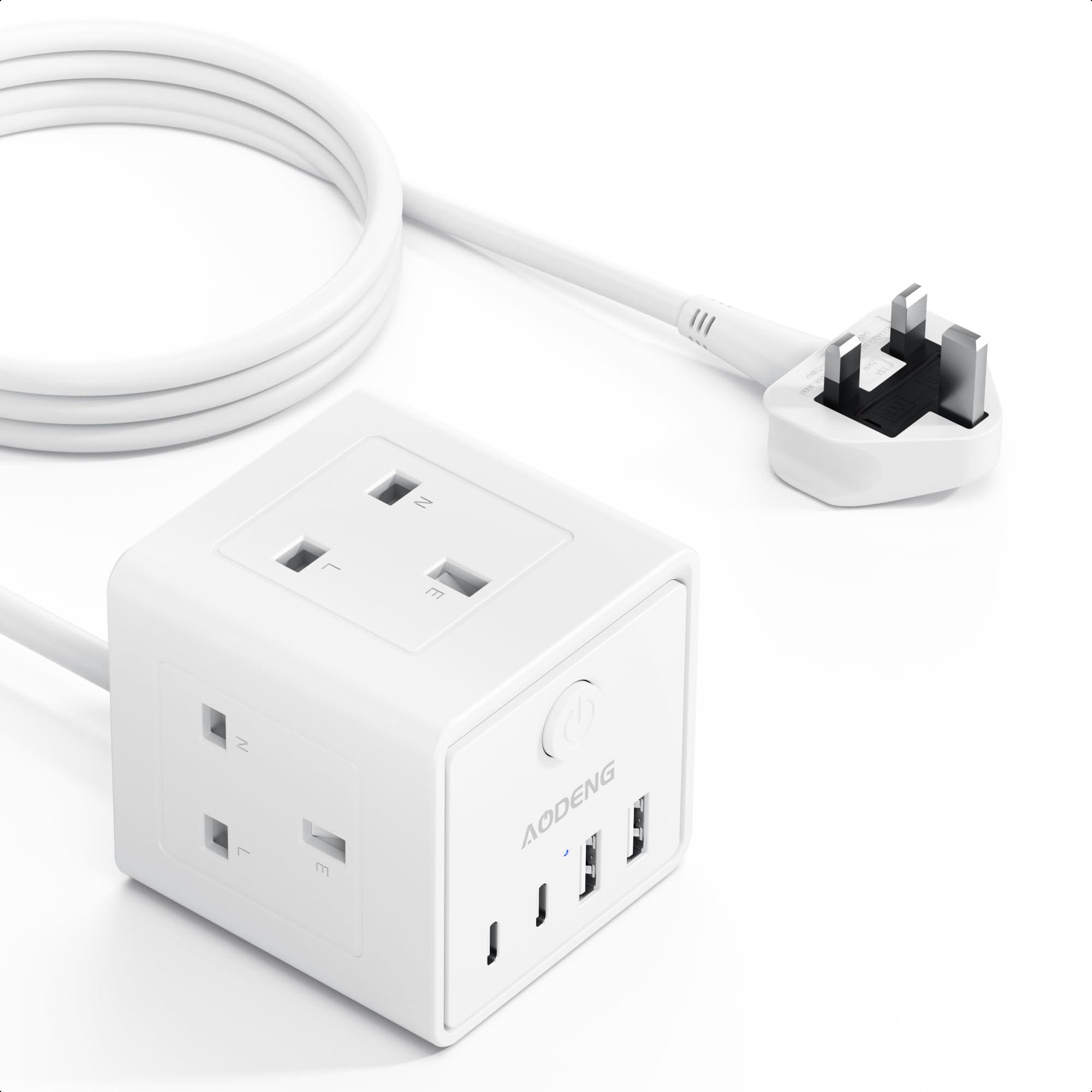 3M Extension Lead with 4 USB, 3 Way Multi Plug Extension Socket with 2 USB A 2 USB C, Desktop Power Extension Cable for Home Office