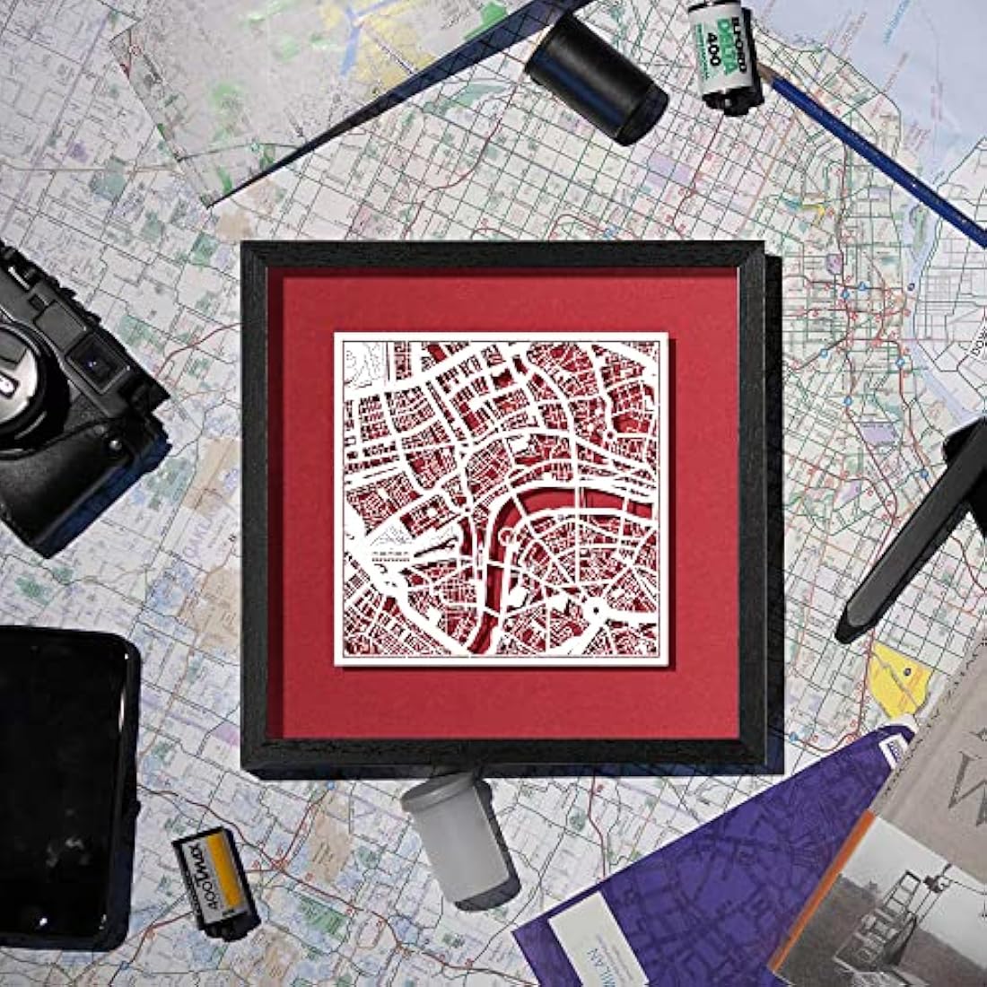 O3 DESIGN STUDIO Bristol Paper Cut Map framed, White map, Black frame, 23x23 cm, Gift Boxed, 4 background color, self-changing, Paper Art