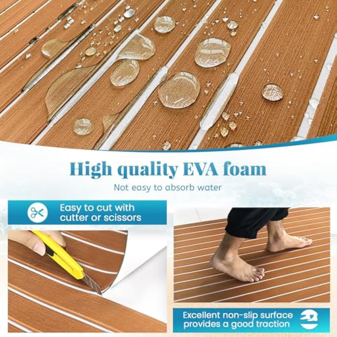 KXKZREN Boat Flooring EVA Foam Decking Sheet Faux Teak Marine Carpet Non-Slip Self-Adhesive Flooring Deck Mat for Boat Pontoon Motorboat RV Yacht Kayak Cooler Tops,240x112/90/60/41cm