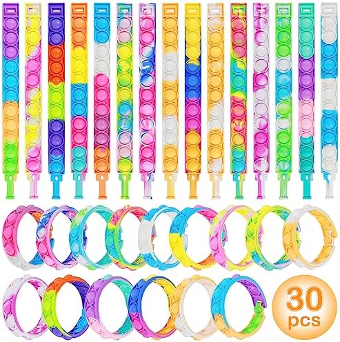 Coicok 30 PCS Pop Bracelet it Fidget Toys, 15 Colours, Party bag fillers for kids, Pop it fidget toys, Decompression Wristband with Autistic & ADHD, Kids party favours, Lucky dip prizes for kids