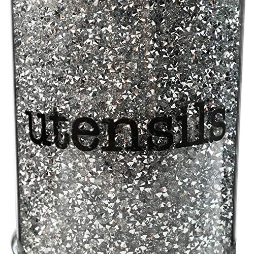 Crystal Utensil Holders Sparkle Crushed Diamond Filled Silver Metal Frame Round Cylinder 6.3 Inches Height Gift Box